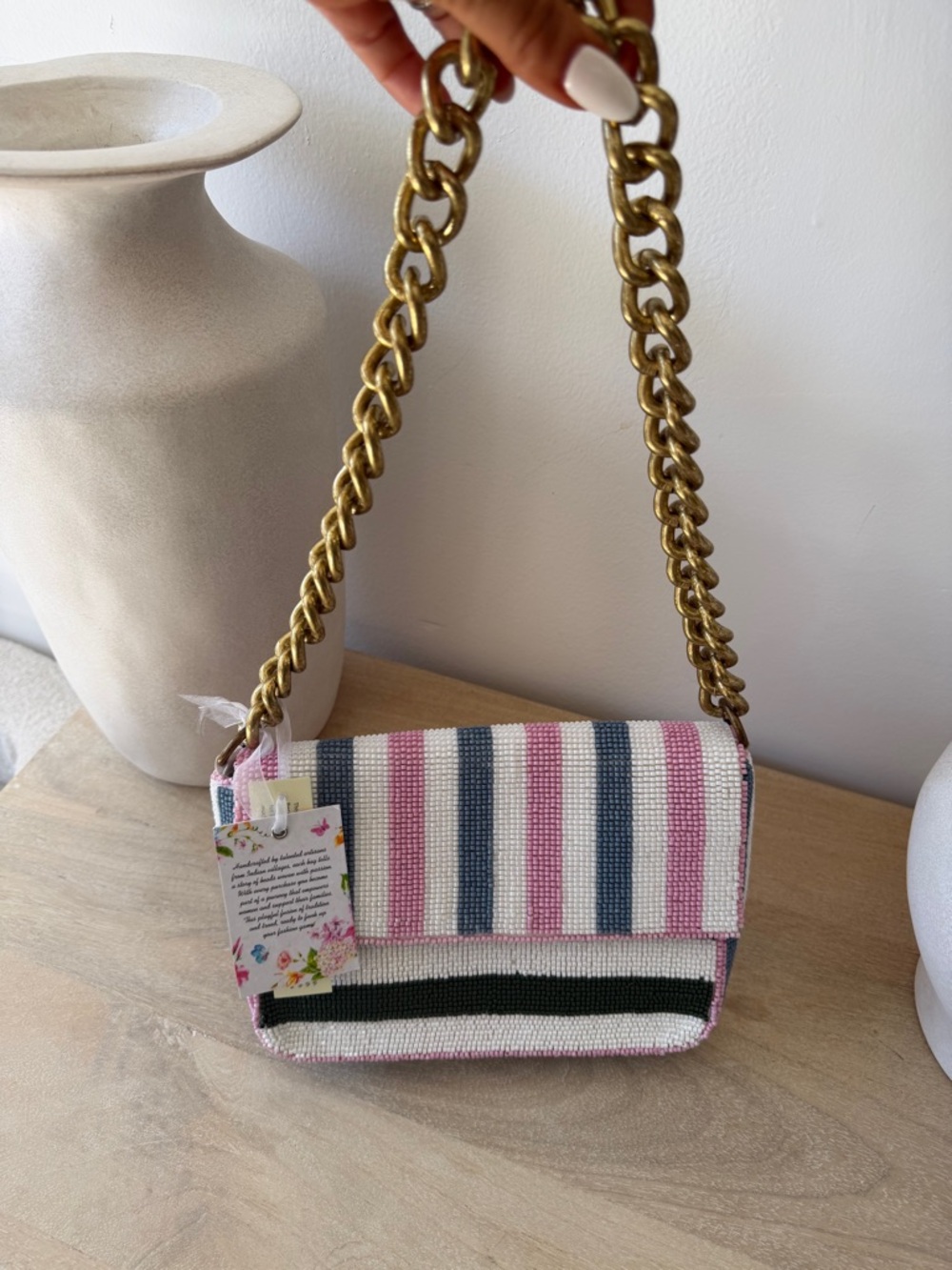 Viral Famous Beaded Stripe Shoulder Bag in Pink, White & Dark Green - Picture 7 of 15